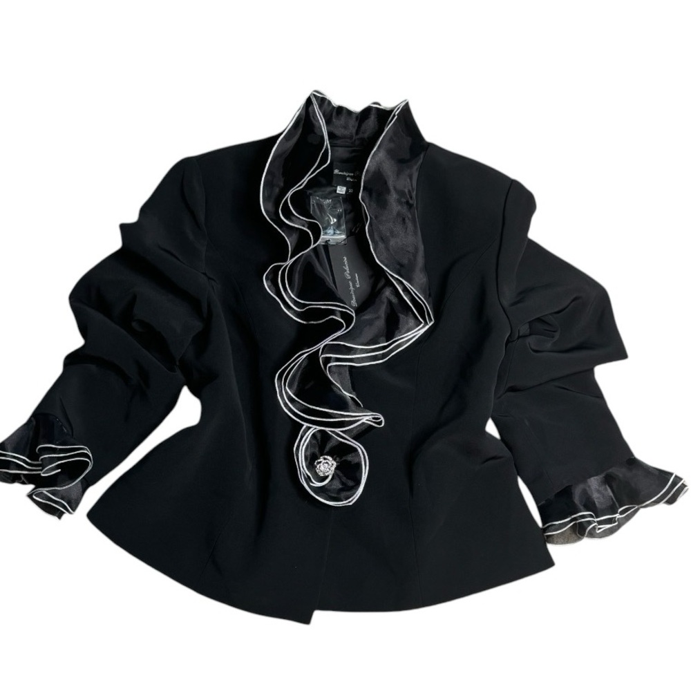 Dominique Palacios Couture Black Ruffle Blazer/Jacket W/White Trim 22